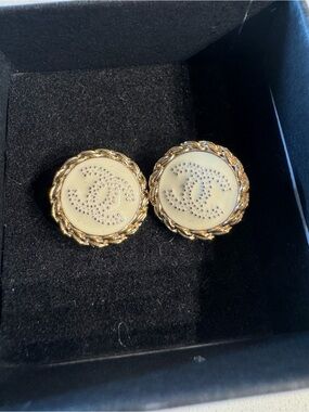 Chanel CC Authentic Buttons Gold and White Logo Earrings